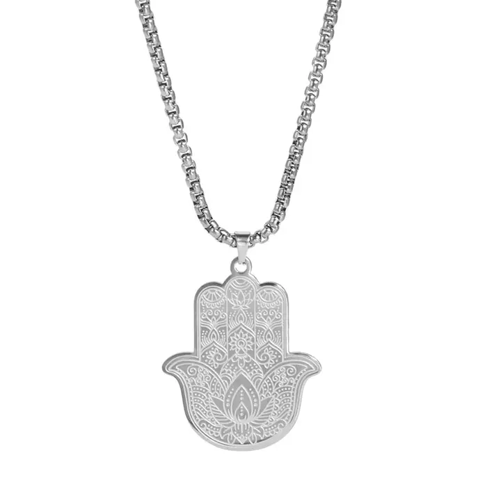 EUEAVAN Collier Pendentif Main de Fatma Fleur de Lotus en Acier Inoxydable avec Chaîne Maille Véniti