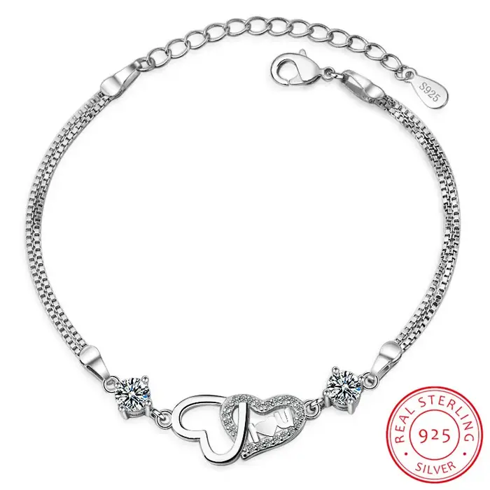 925 argent Sterling amour éternel coeur zircone Double couche chaîne Bracelet pour les femmes Pulsei