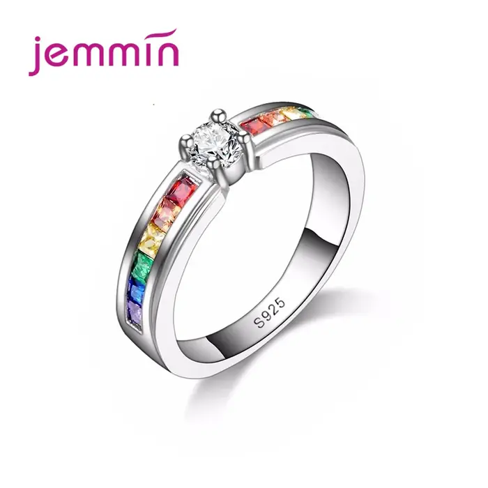 Bague colorée en argent 925 pour femme, arc-en-ciel, cristal, fête de mariage, bijoux de fiançailles