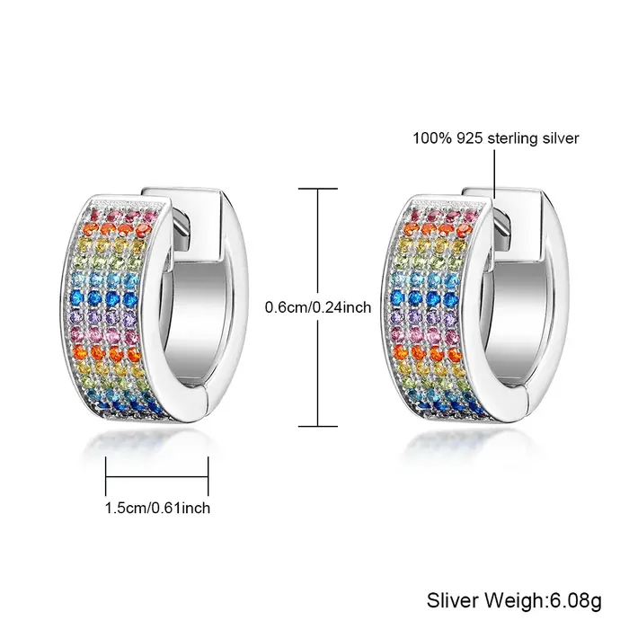 Boucles d'oreilles créoles en argent sterling 925 incrustées de zirconium arc-en-ciel pour femmes occasions spéciales bijoux de fête