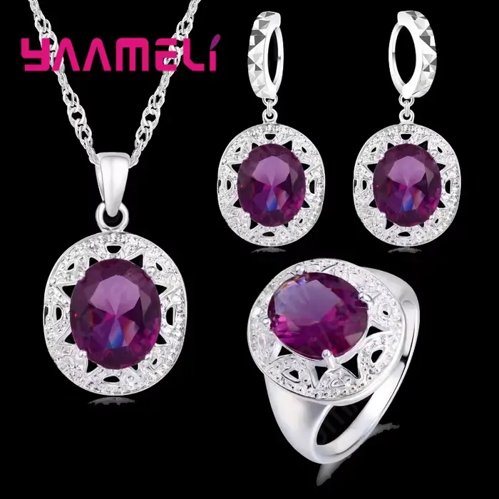 Femmes élégantes 925 en argent Sterling couleur violet cristal pendentifs colliers boucle d'oreille 