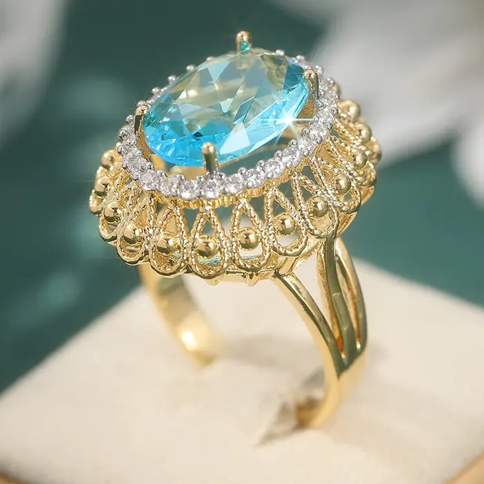 Bague ovale scintillante de luxe en zircone synthétique bleue pour femme, accessoire de bijouterie v