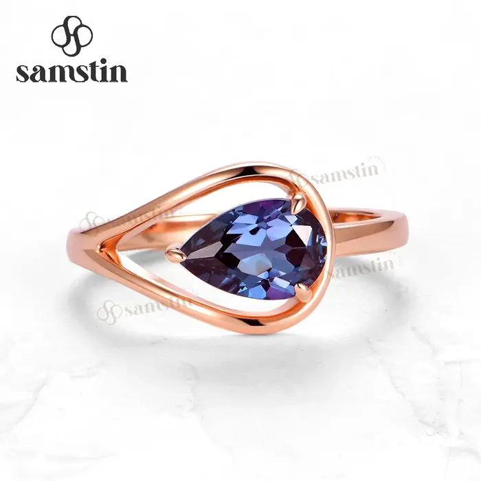 Bague Samstin en Alexandrite Cultivée en Or Rose Massif 14K pour Cadeaux Spéciaux de Femme Occasions de Mariage Engagement Anniversaire Partie