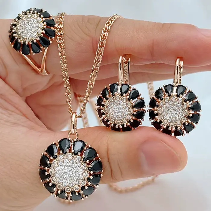 Kinel 585 couleur or Rose ethnique Vintage femmes 3 pièces ensembles de bijoux brillant noir naturel