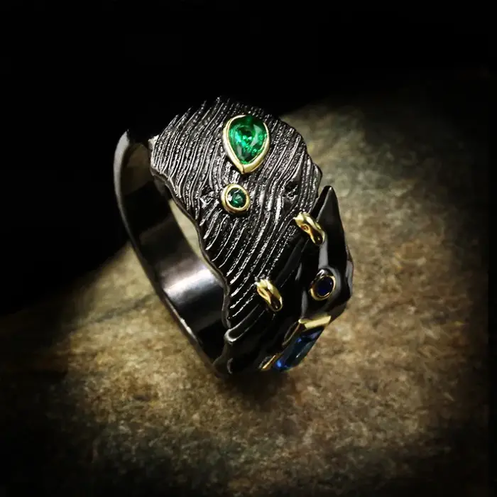 Bijoux créatifs en or noir pour femme bague en relief pierre de document noire collier style ethnique rétro boucles d'oreilles 3 pièces engagement