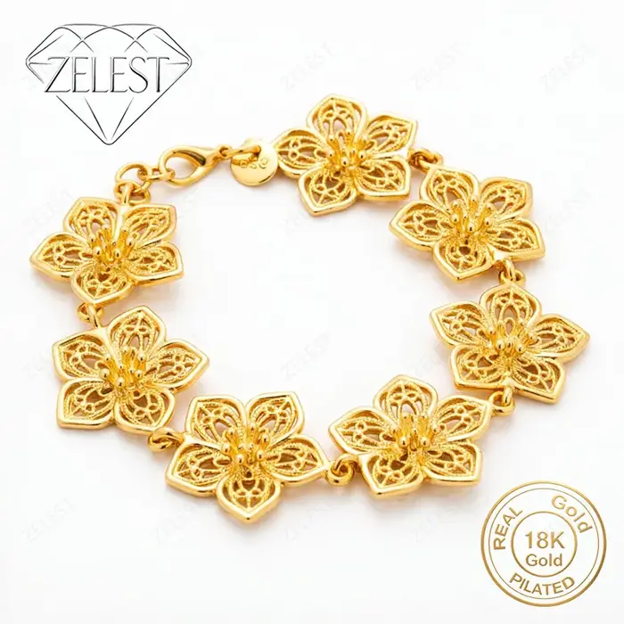 Bracelet en argent sterling 925 plaqué or 18 carats, 8 pouces, motif floral ajouré exquis, pour femm