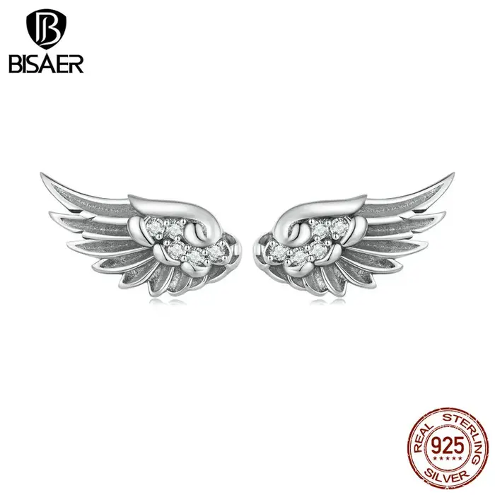 BISAER 925 en argent Sterling Vintage aile d'ange boucles d'oreilles scintillant Zircon boucle d'oreille pour les femmes Couples fête bijoux fins cadeau