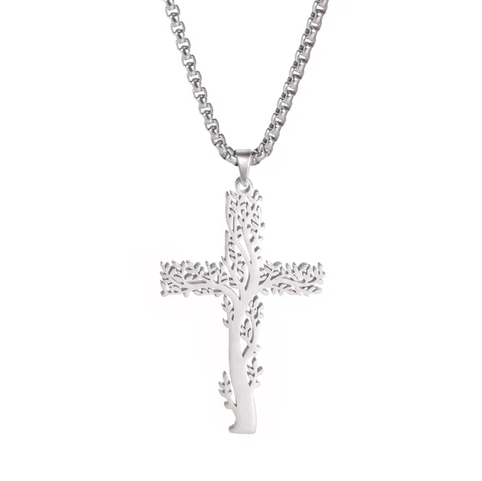 Collier pendentif arbre de vie croix pour hommes et femmes, nouvelle mode, en acier inoxydable, boît