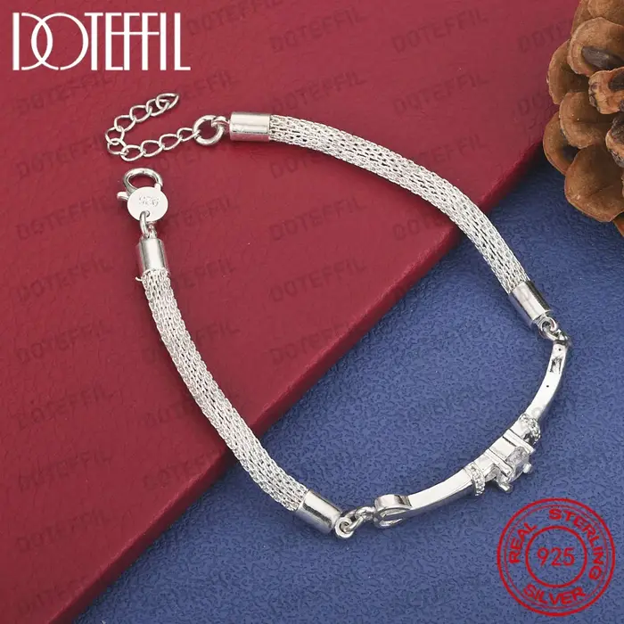 Bracelet en argent sterling 925 de 8 pouces avec zircone en maille délicate, bijoux élégants pour fe