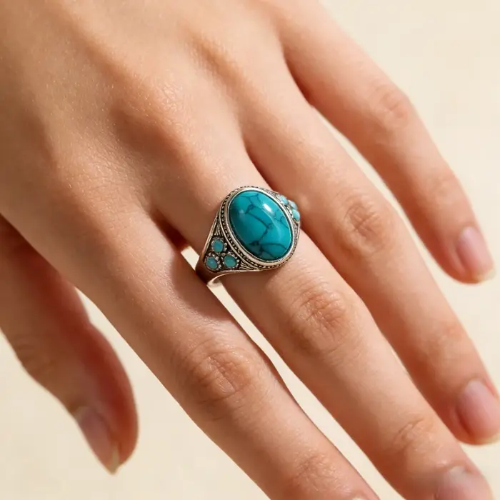 Bague en alliage plaqué argent turquoise pour femme