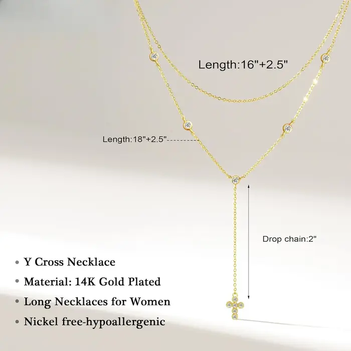Collier croix Lariat en or véritable 14 carats pour femmes, long pendentif croix superposée en forme de Y, bijoux de baptême religieux et chrétien pour femmes occasions spéciales