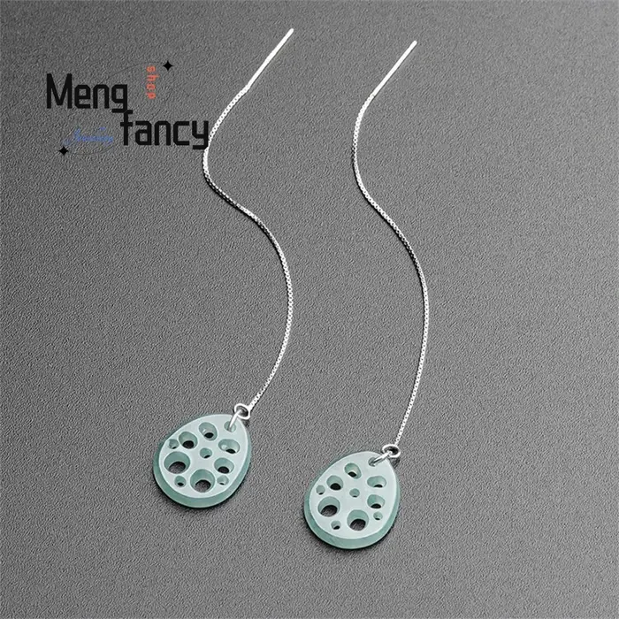 Boucles d'oreilles en jadéite naturelle avec fil d'oreille en argent S925, style ancien personnalisées pour femmes, bijoux à la mode pour occasions spéciales