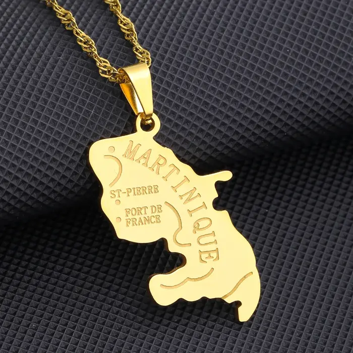 Mode français Martinique île carte ville pendentif collier en acier inoxydable hommes femmes cartes 
