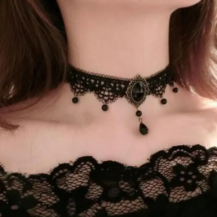 Nouveau Sexy gothique Sautoirs cristal noir dentelle cou collier ras du cou Vintage victorien femmes Chocker Steampunk bijoux