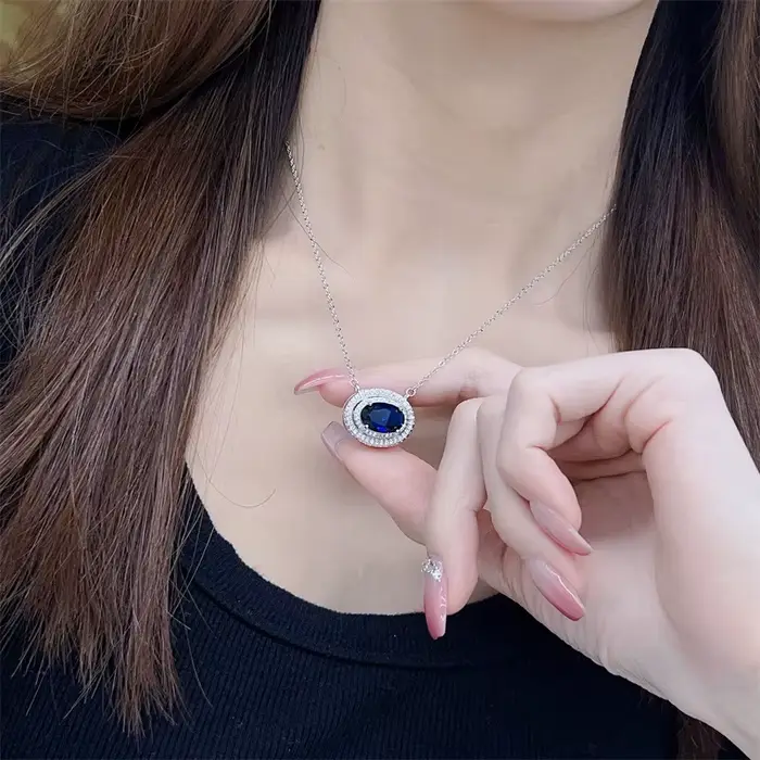 Collier avec pendentif en saphir pour femmes, en argent 925, de haute qualité, pierre précieuse bleu