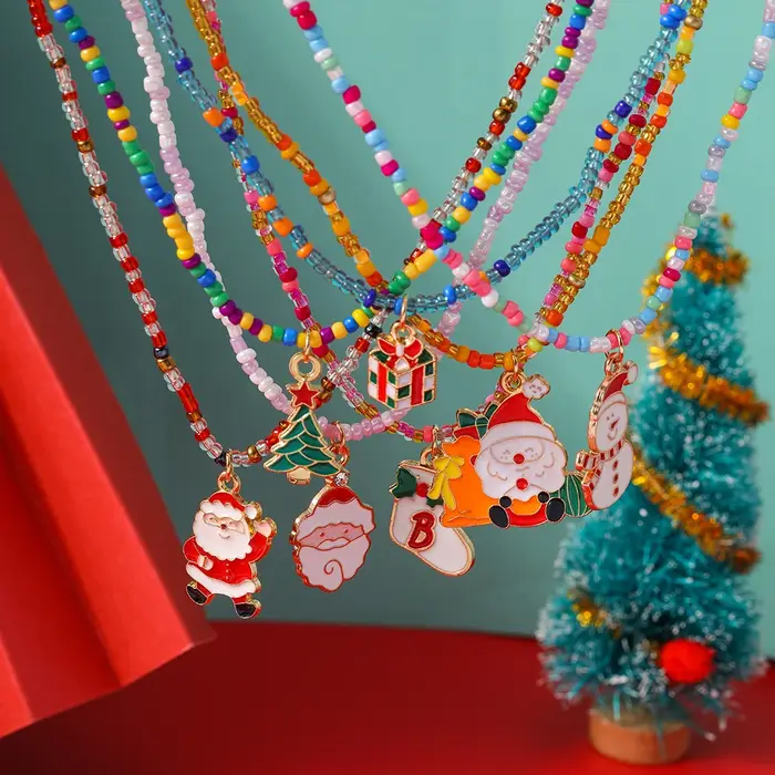 Colliers de noël pour femmes et filles, arbre de noël, père noël, bonhomme de neige, perles, pendent
