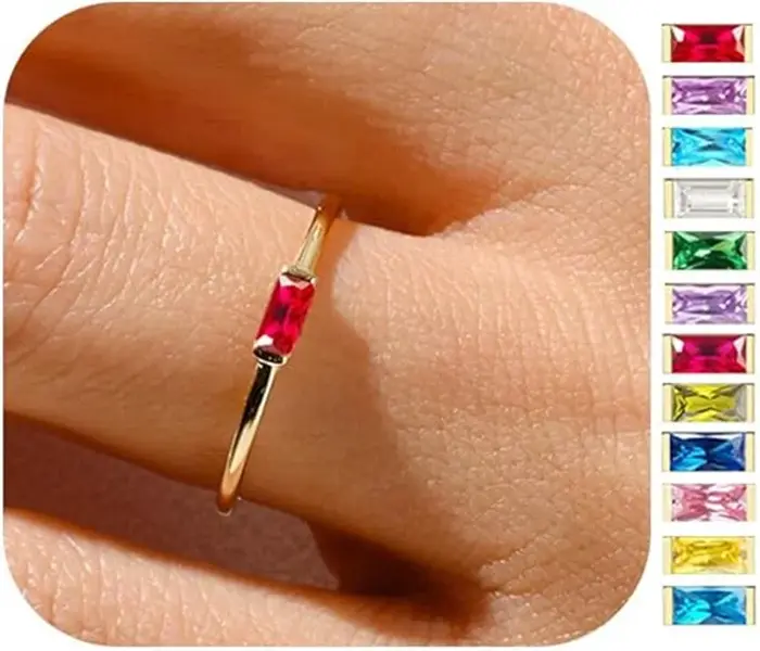 Bagues en pierre de naissance en or pour femmes, délicates bagues plaquées or 14 carats, Baguette CZ