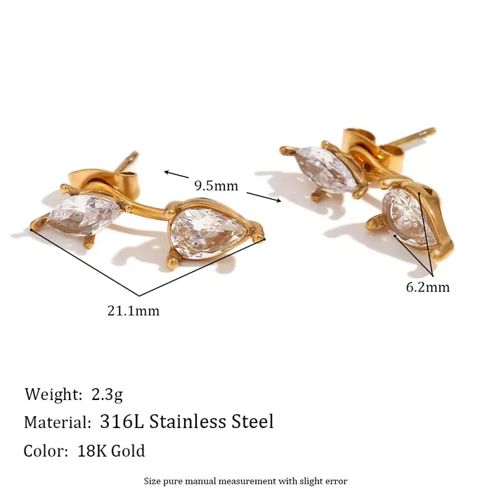 Boucles d'oreilles E.B.belle en zircon œil de cheval goutte d'eau, acier inoxydable 316L plaqué or 1