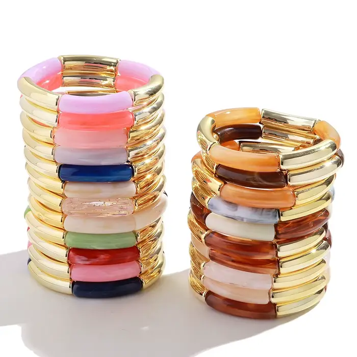 Bracelet jonc tubulaire fin en résine acrylique et bambou multicolore 2026 pour femme, fait main, tendance, bijoux de poignet, cadeaux d'été