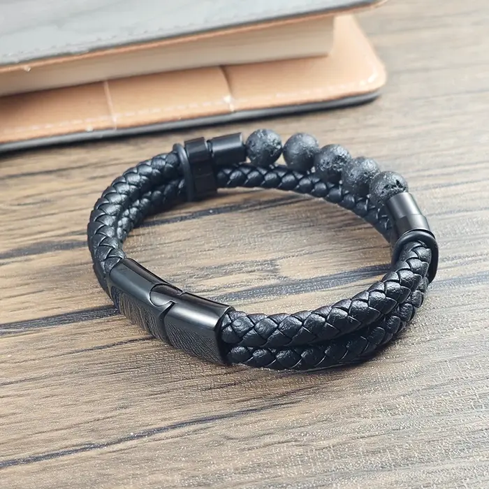 Bracelet en cuir double tressé pour homme