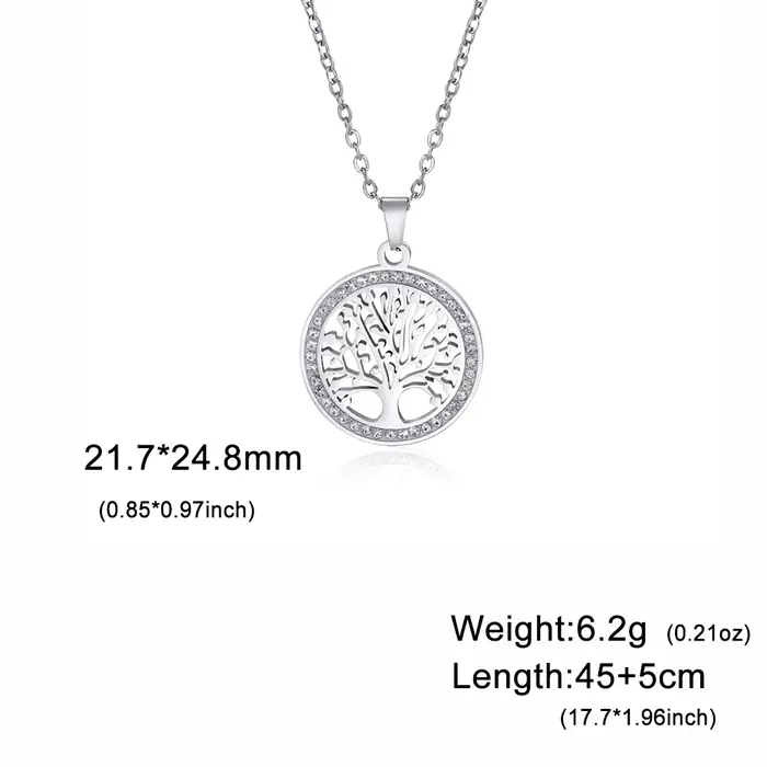 Skyrim-Collier arbre de vie pour femmes en acier inoxydable couleur or Zircon clair pendentif rond C