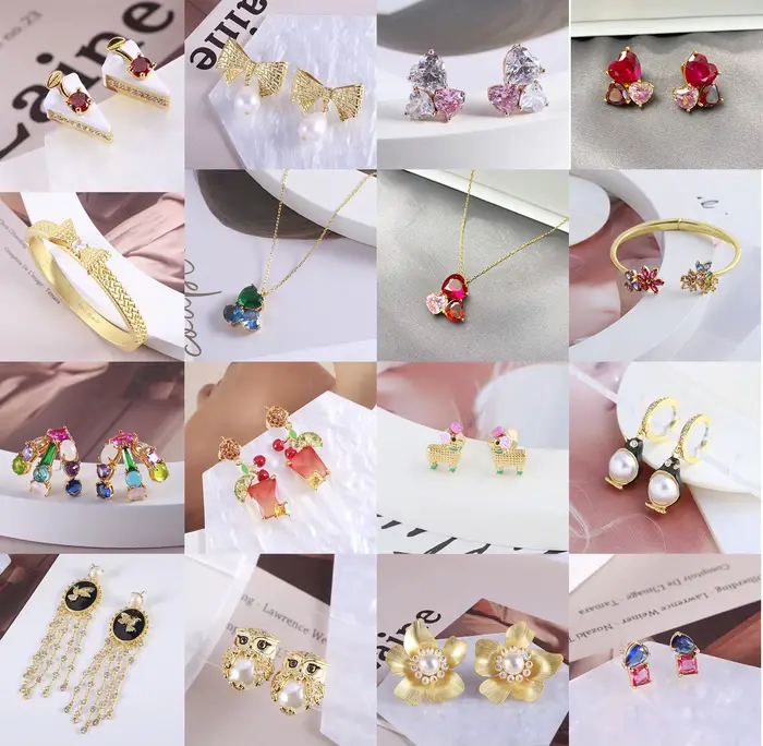 Boucles d'oreilles, collier, bracelet et bague en zircon brillant, motifs floraux, fruités et animaux, style dégradé, mignons et élégants, inspirés de la mode européenne et américaine, vente en gros