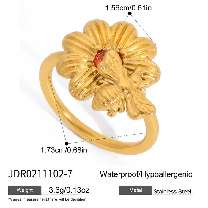 Bague Zora Fashion en forme de marguerite sertie de zircon rouge pour femmes, plaquée or 18 carats, 