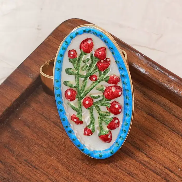 Bagues ovales rétro en émail motif floral de bourgeons de roses rouges pour femmes, style artistique