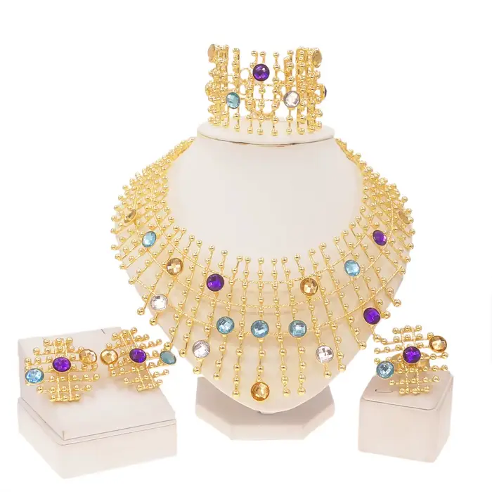 Ensemble de bijoux pour femmes plaqué or 24 carats, collier, boucles d'oreilles, bracelet, bague, pierres multicolores