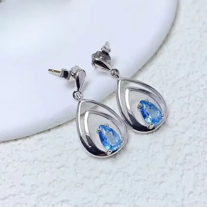 Boucles d'oreilles pendantes en topaze naturelle bleu clair, bijoux en argent, sans allergie, plaqué