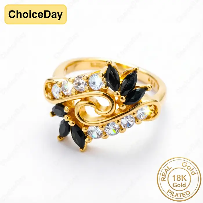Bague florale noire et blanche en zircone plaquée or 18 carats pour femmes mariage soirée spéciale
