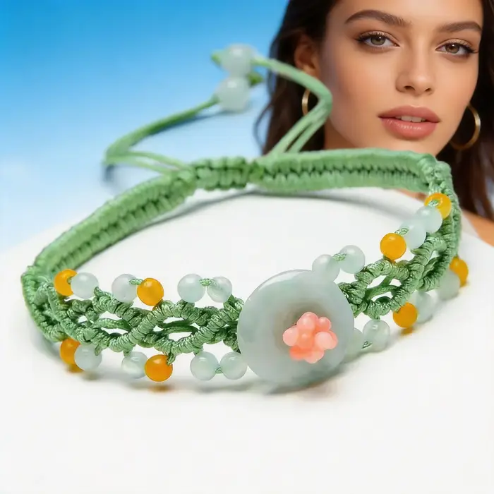 Bracelet Tressé Fait Main Femme Style Chinois Tendance 2026 Perles Cristal Boucle Paix Jade Birman Naturel Occasions Spéciales