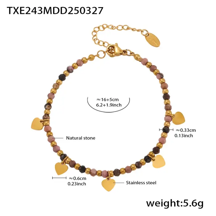 Collier et bracelet avec pendentif en forme de cœur en pierres naturelles pour femmes, plaqué or 18 