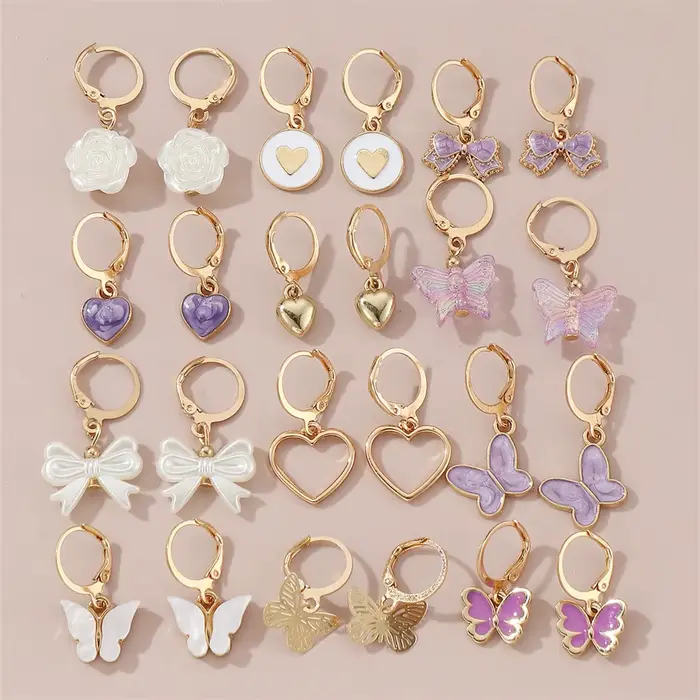 Nouvel ensemble de 24 boucles d'oreilles – Pendentifs en résine papillon, amour et fleur, bijoux d'o