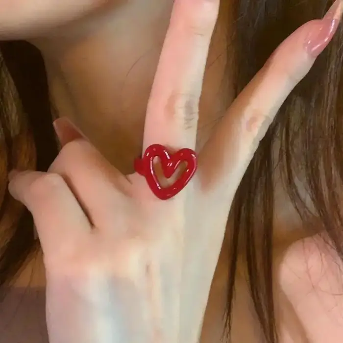 Hiphop Punk rouge émail coeur amour anneaux pour femmes mode géométrique ouvert dégoulinant huile anneau Y2K été Couple bijoux cadeaux