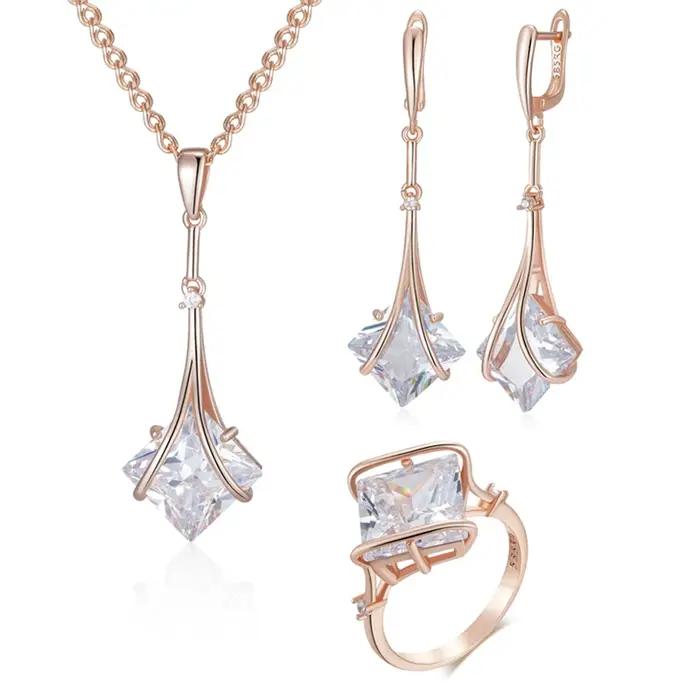 Kinel – ensemble de bijoux carrés en Zircon naturel blanc pour femmes, couleur or Rose 585, bague, b