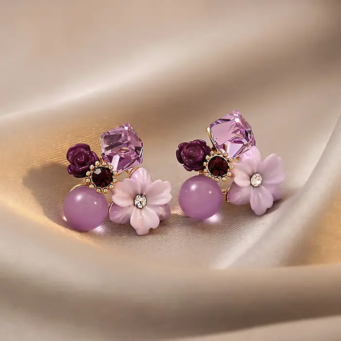Boucles d'oreilles à fleurs en cristal violet pour femmes, bijoux à la mode coréenne, ensemble d'acc