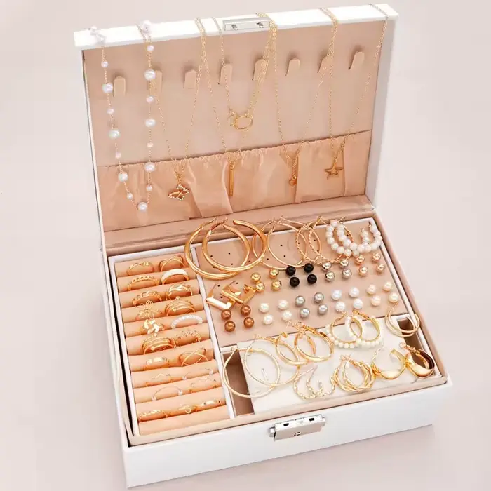 Ensemble de bijoux couleur or pour femmes, bohèmes, collier/boucles d'oreilles/bague/bracelet, empilable, pour les fêtes et le quotidien