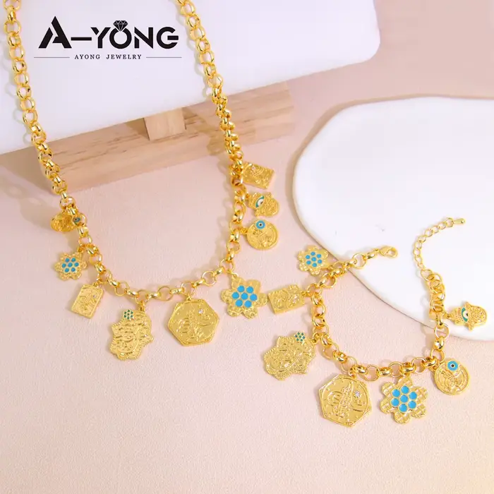 Parure de bijoux hip-hop arabe plaqué or 21 carats, style Bollywood, collier et bracelet punk, pour 