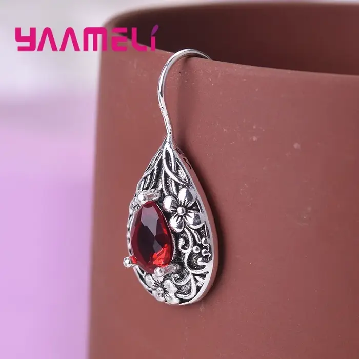 Boucles d'oreilles palais rétro en argent sterling 925 zircon rouge fleurs pour femmes mariage fiançailles fêtes