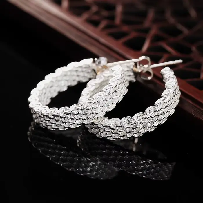 Boucles d'oreilles en argent Sterling 925, boucles d'oreilles en maille à la mode, cadeaux de bijoux pour les fêtes pour femmes