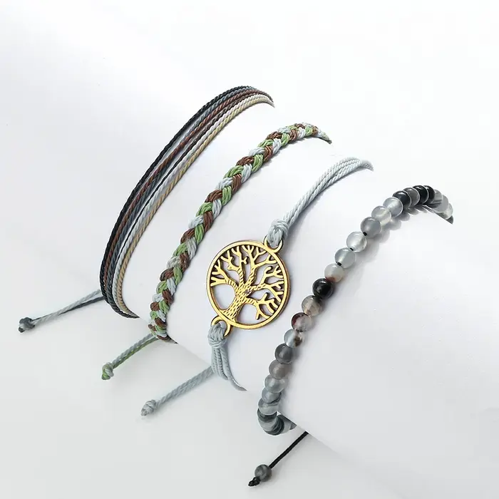 Bracelet Arbre de Vie Boho Chic pour Hommes et Femmes, Ensemble de 4 Pièces en Perles Naturelles et Corde Tressée Manuelle Occasions Spéciales