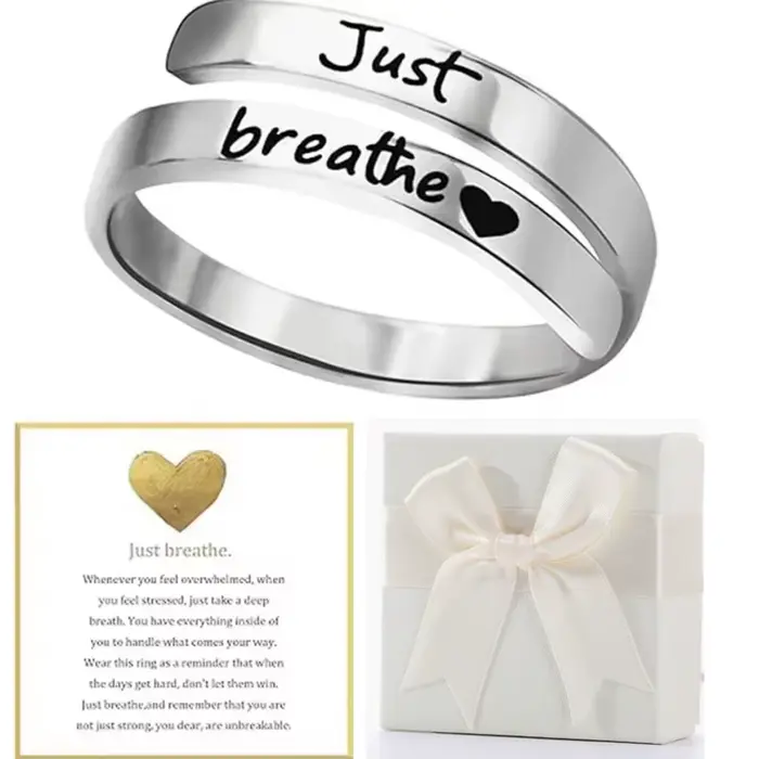 Bague Just Breathe pour femmes et hommes, anneaux en acier inoxydable en spirale, cadeaux inspirants avec boîte et carte de message