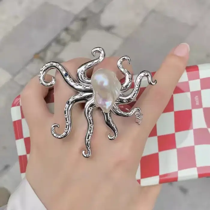Bague pieuvre perle baroque pour femme, déclaration cocktail, unique, drôle, bijoux créatifs, grand,