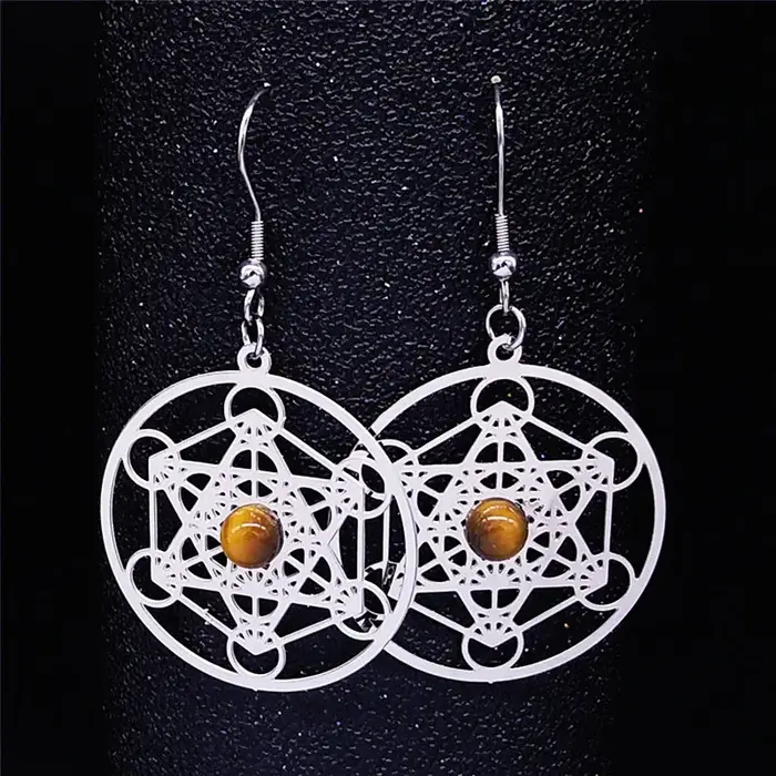 Boucles d'Oreilles en Acier Inoxydable et Pierre Naturelle, Bijoux Boho en Œil de Tigre, Metatron, A