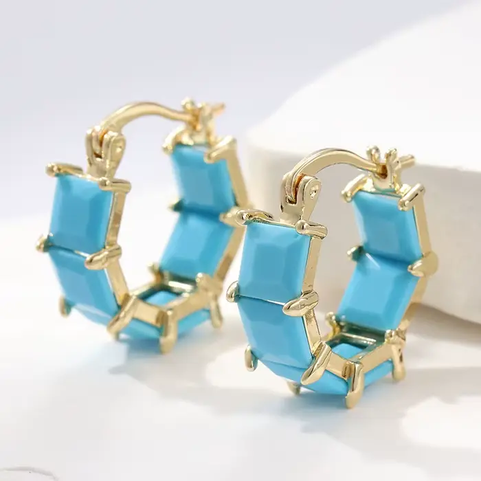 Boucles d'oreilles classiques à carreaux Turquoise pour femmes, Vintage, élégantes, plaquées or, acc