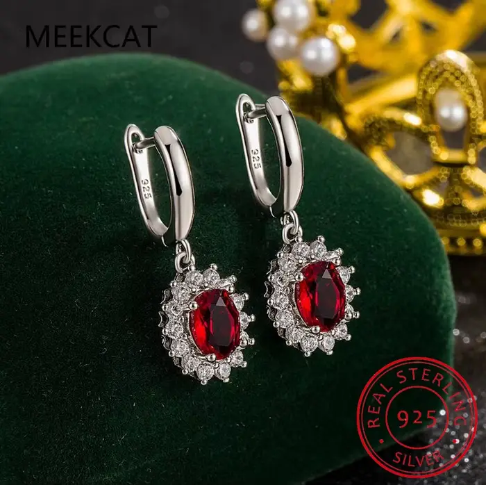 Princesse Diana ovale créé rubis rouge et véritable grenat naturel 925 boucles d'oreilles en argent Sterling pour les femmes pierres précieuses bijoux fins