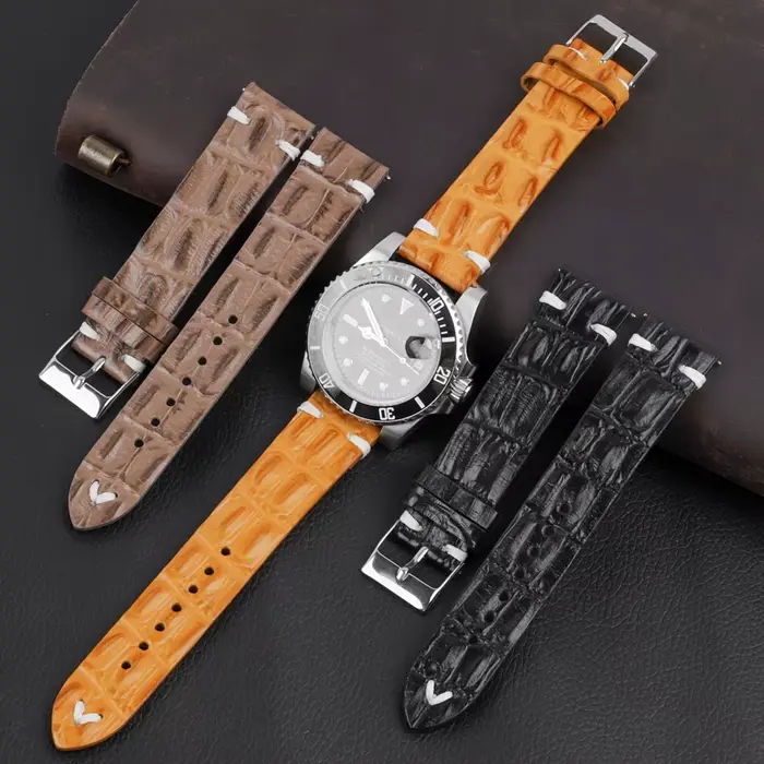 Bracelet de montre en cuir véritable Crocodile, 18mm 20mm 22mm 24mm, noir café cuir de vache, pour hommes et femmes