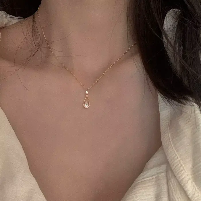 Collier avec pendentif goutte d'eau en Zircon brillant, Vintage français, fée femme, couleur or arge