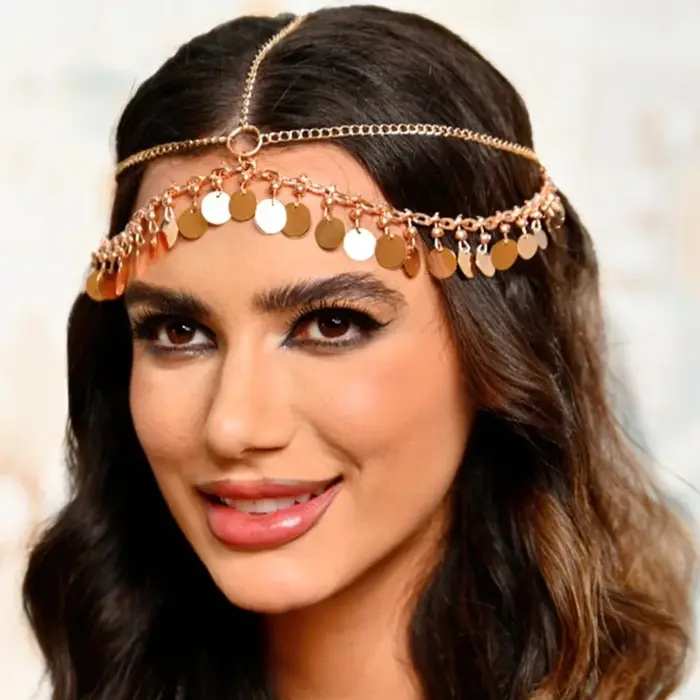 Nouvelle mode Bijou de tête de mariage en métal doré avec sequins ronds et pampilles